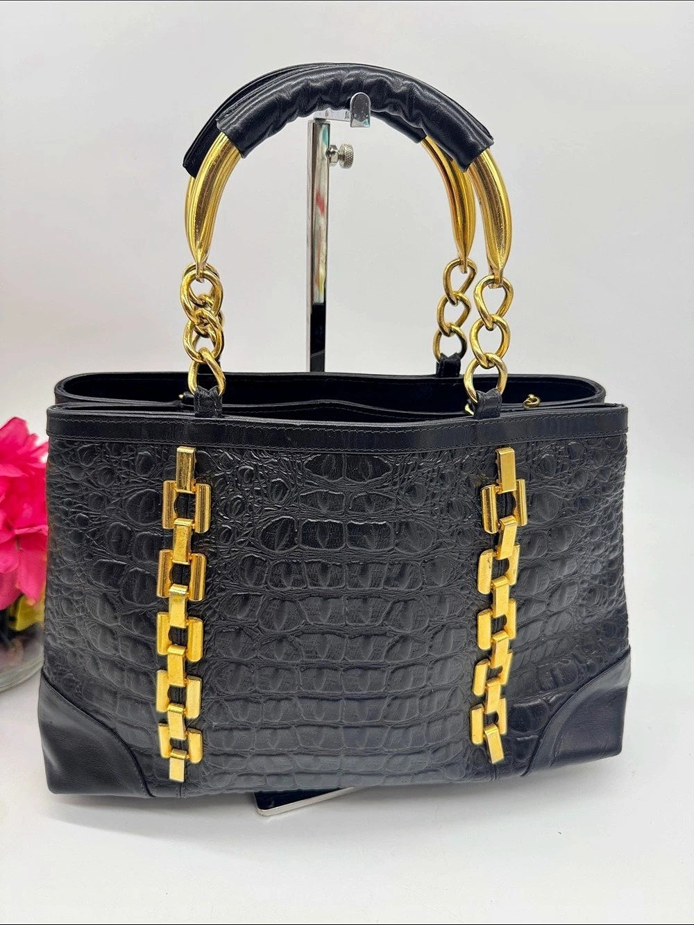 Hassan Bella Egyptian Vintage Crocodile-Embossed Black Leather Shoulder Bag